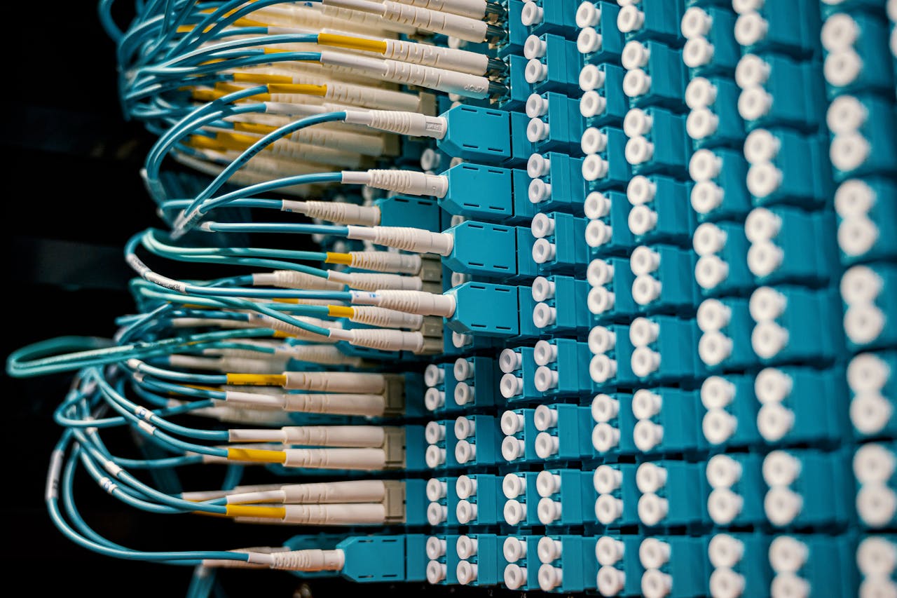 Services-02 Close-up of a network patch panel with connected blue fiber optic cables.